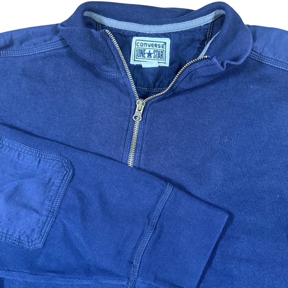 Converse One Star Quarter Zip Pullover Sweatshirt Ribbed Elbow Patch Blue‎ Small